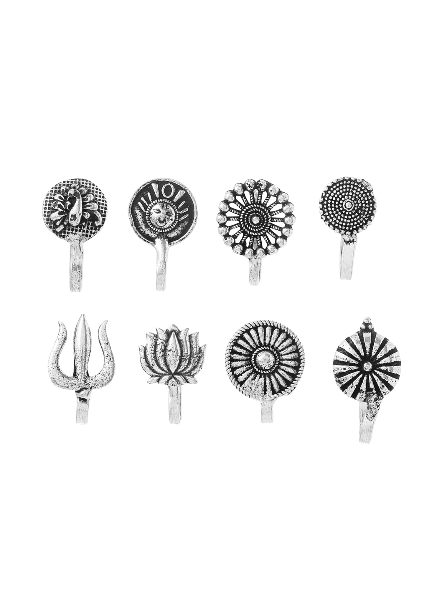 Yellow Chimes Beautiful Classic Designs Non- Piercing 8 Pcs Combo Nose Ring for Women (Oxidized Silver) (YCTJNP-01OXD8PS-SL)