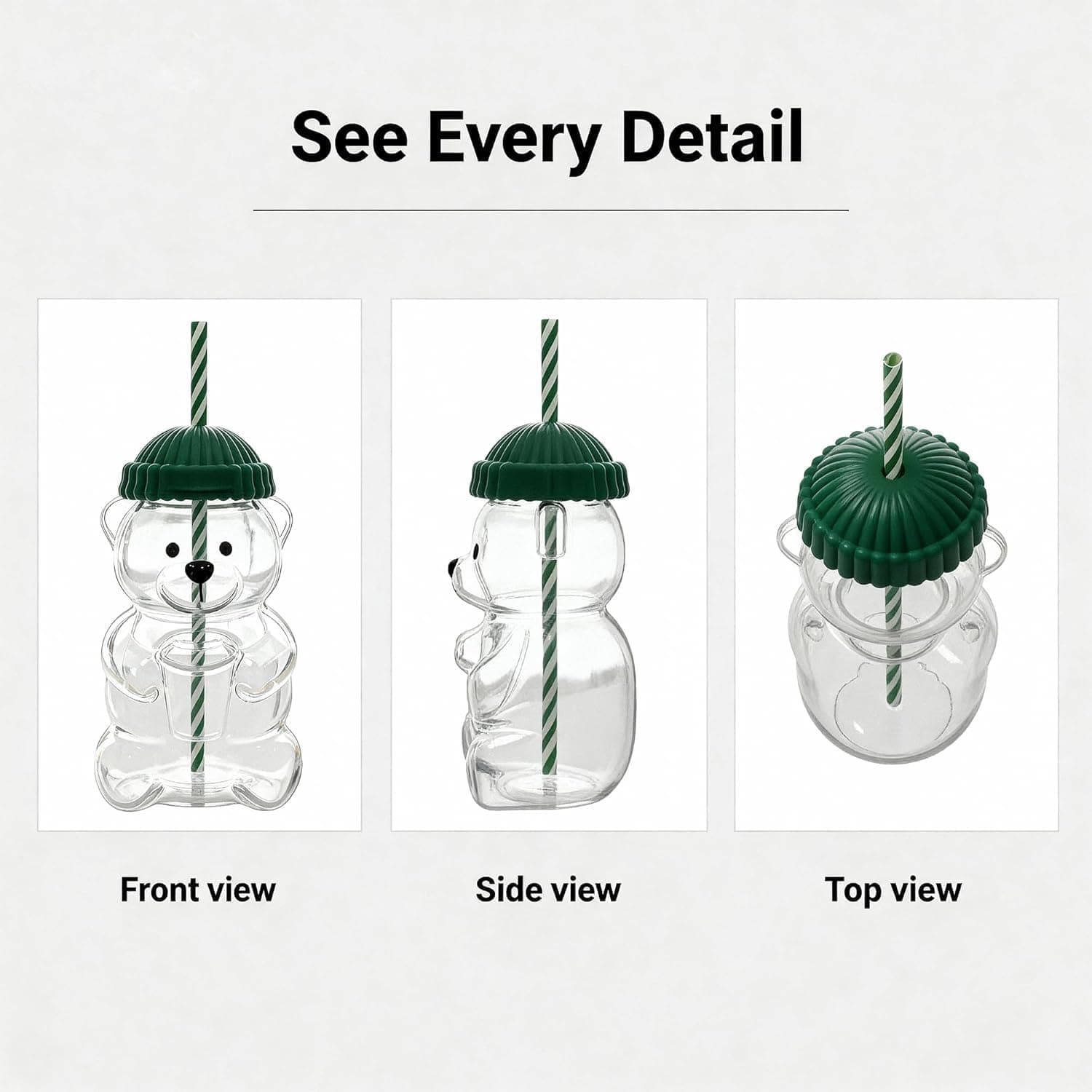 BKWISH Bear Straw Cup Glass Tumbler 20 oz with Reusable Straw & Green Lid, Cute Animal Shaped Drinking Glass Mug for Water, Juice, Smoothies, Milk, Coffee, Travel & Gifts