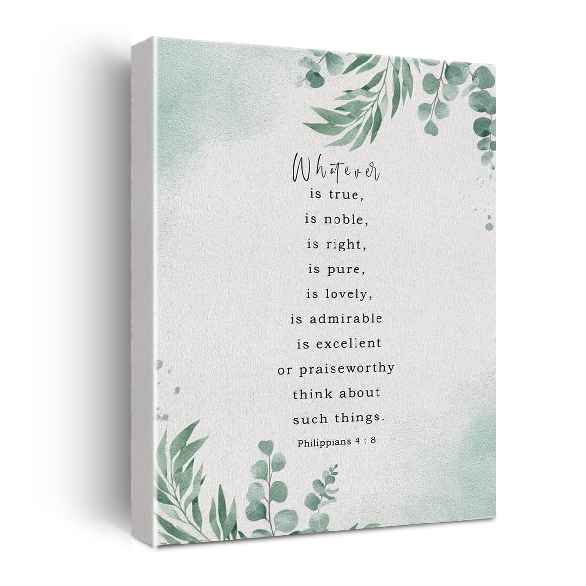 Bible Verse Canvas Print Decor Whatever is True Noble Right Philippians 4:8 Wall Painting Posters Artwork 12”X15” Watercolor Home Office Decoration (Framed)