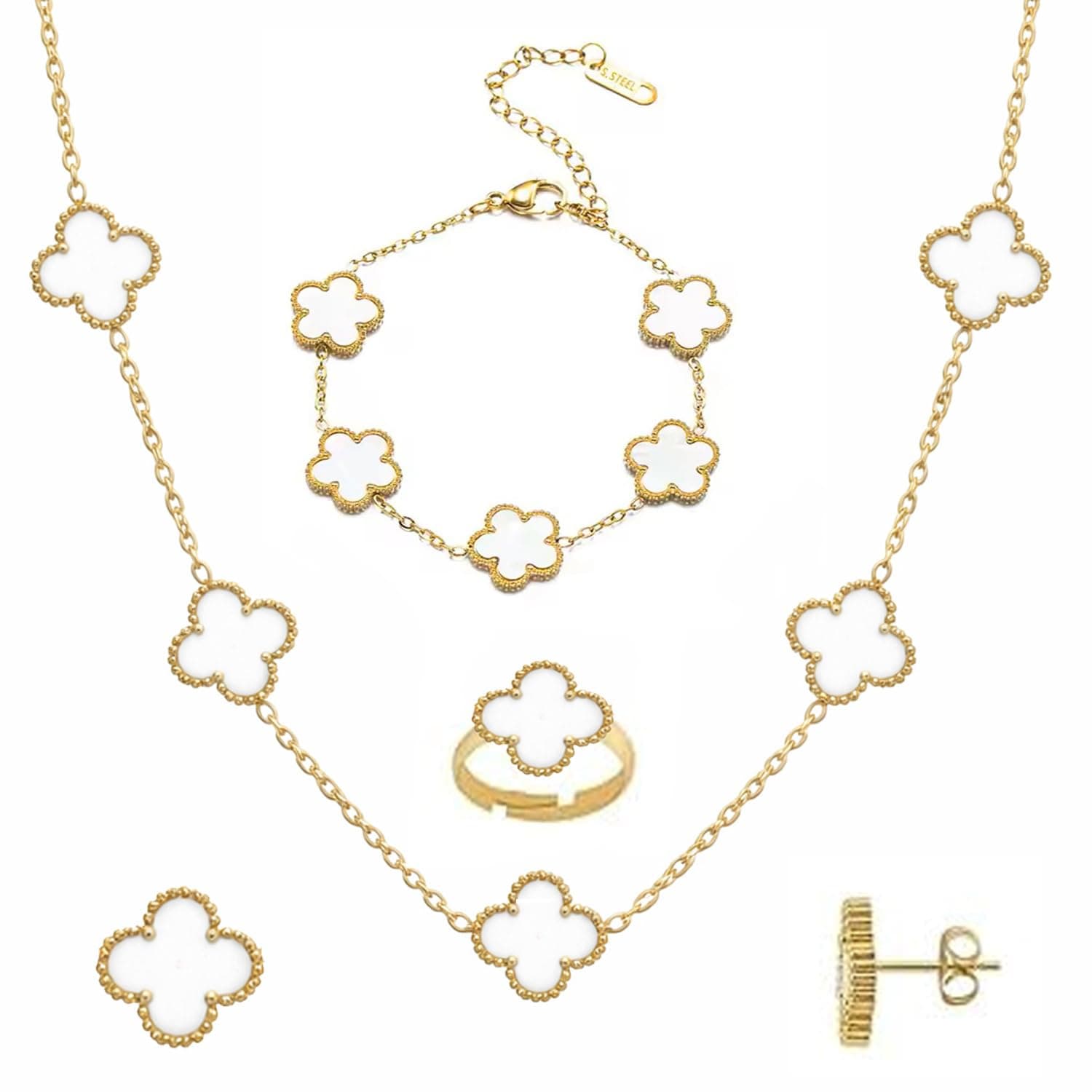 Okos Gold Plated White Clover Jewellery Set Combo for Women & Girls | Necklace, Bracelet, Ring & Stud Earrings | Elegant Jewellery for Everyday Wear CO1000498WHT