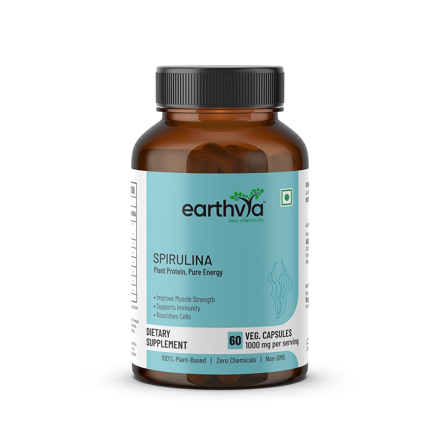 EARTHVYA Spirulina Capsules 1000mg | 100% Plant-Based Superfood Supplement | Zero Chemicals | Pure & Natural Spirulina | Supports Immunity, Energy & Detox | 60 Veg Capsules
