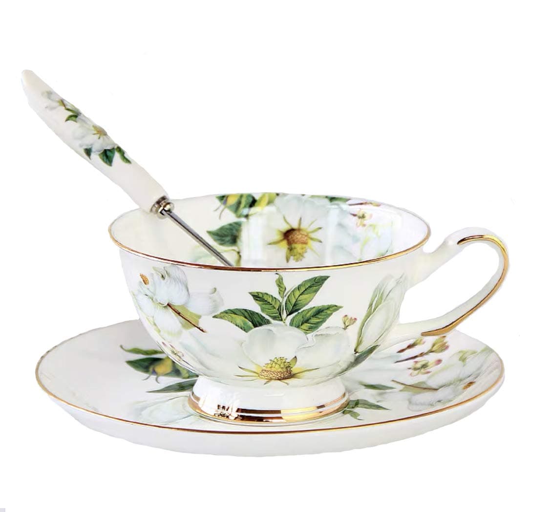 Vintage Fine Bone China Tea Cup Spoon and Saucer Set Gold Trim Fine Dining and Table Decor (White Camellia)