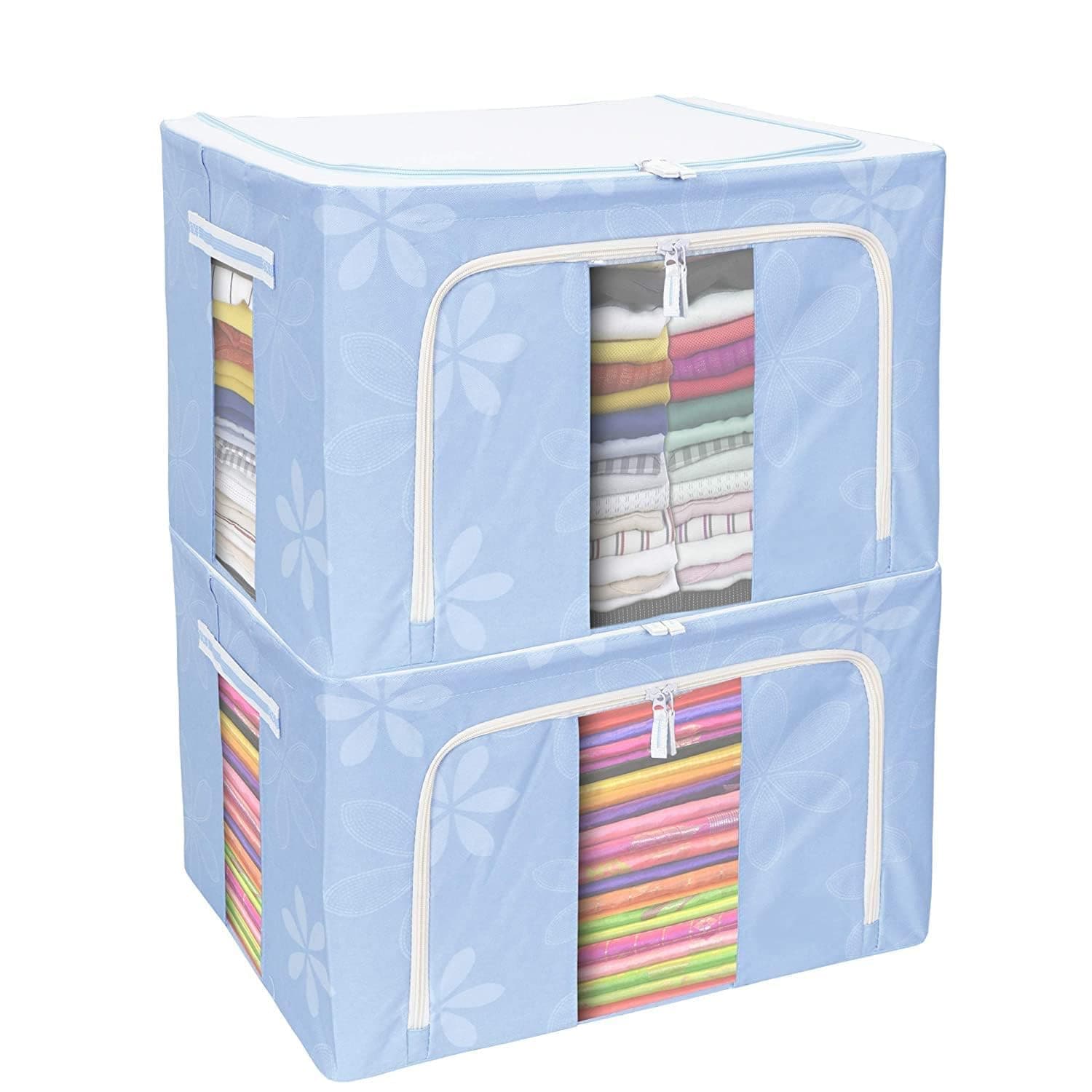 TEKCOOL Foldable Steel Frame Clothes Organizer Storage Box for Wardrobe, Saree, Shirts, and Blankets (66 LTR - Pack of 4, Oxford Fabric), Blue'