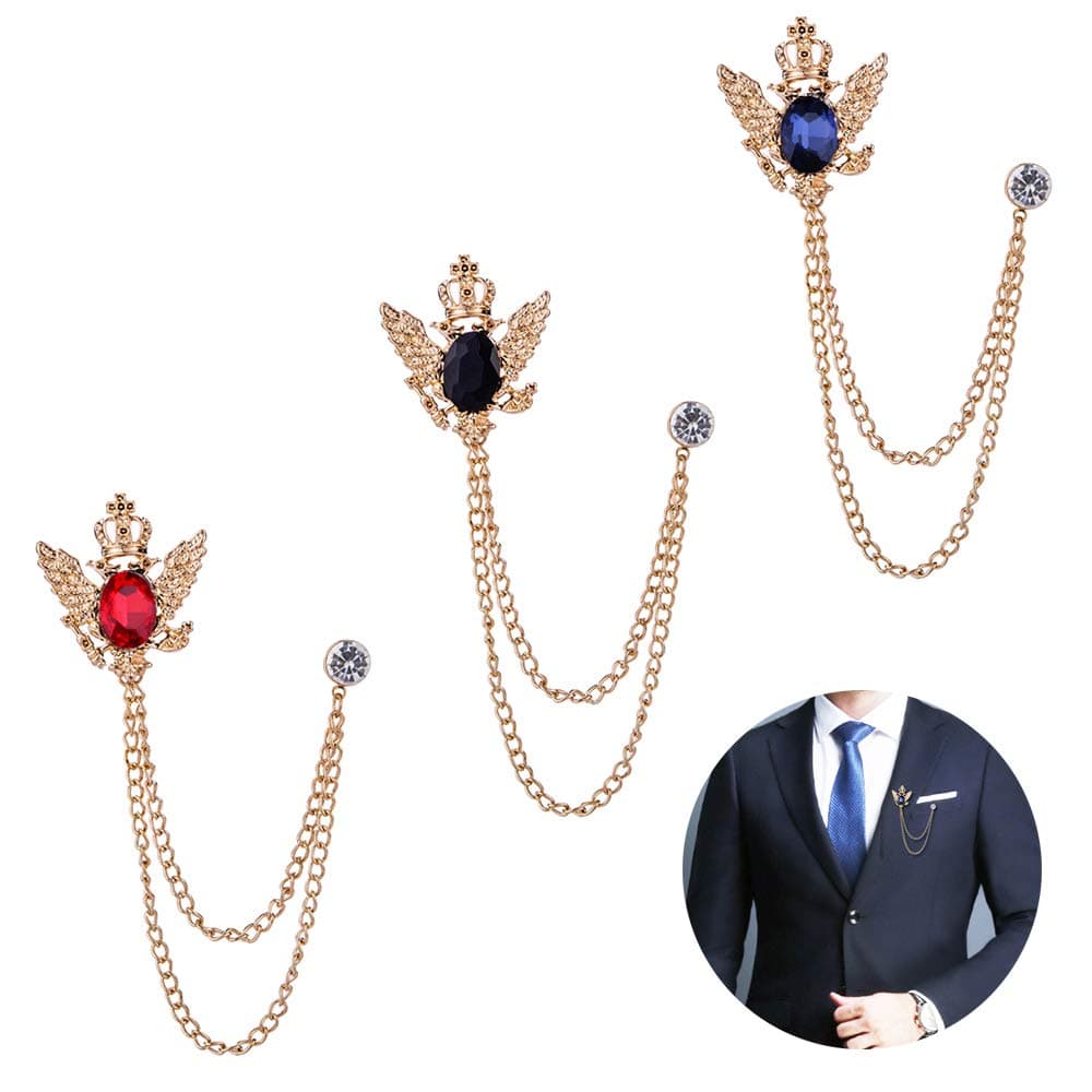 Huture 3-Piece Men's Suit Badge Set - Brooch, Buckle Chain & Lapel Pin for Men's Shirt Collar, Women's Tuxedo Tie Hat Scarf