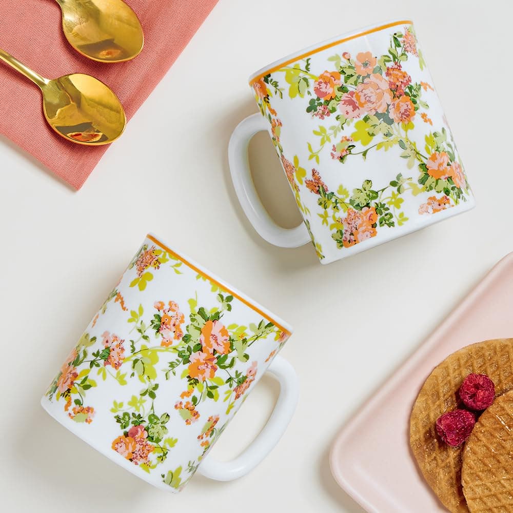 Larah by Borosil Premia Series 2 pc Set of Opalware Tea/Coffee Mug Set (320 ml Each) | Embossed Design, Microwave & Dishwasher Safe | Crockery Set Ideal for Daily Use & Gifting, White