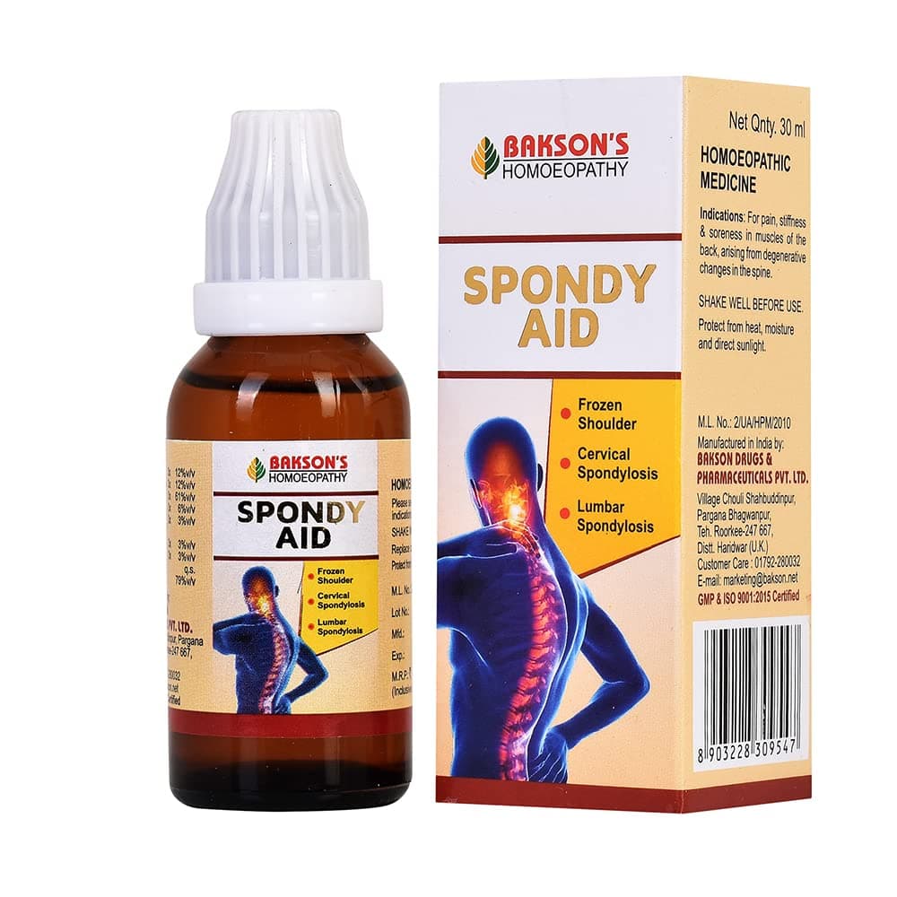 Dr. Bakshi's Bakson's Homoeopathy Spondy Aid Drops | Helps In Reducing Pain, Stiffness & Soreness In Back Muscles | Reduces Stiffness & Radiating Pain Associated With Cervical and Lumbar Spondylosis, 30 ml