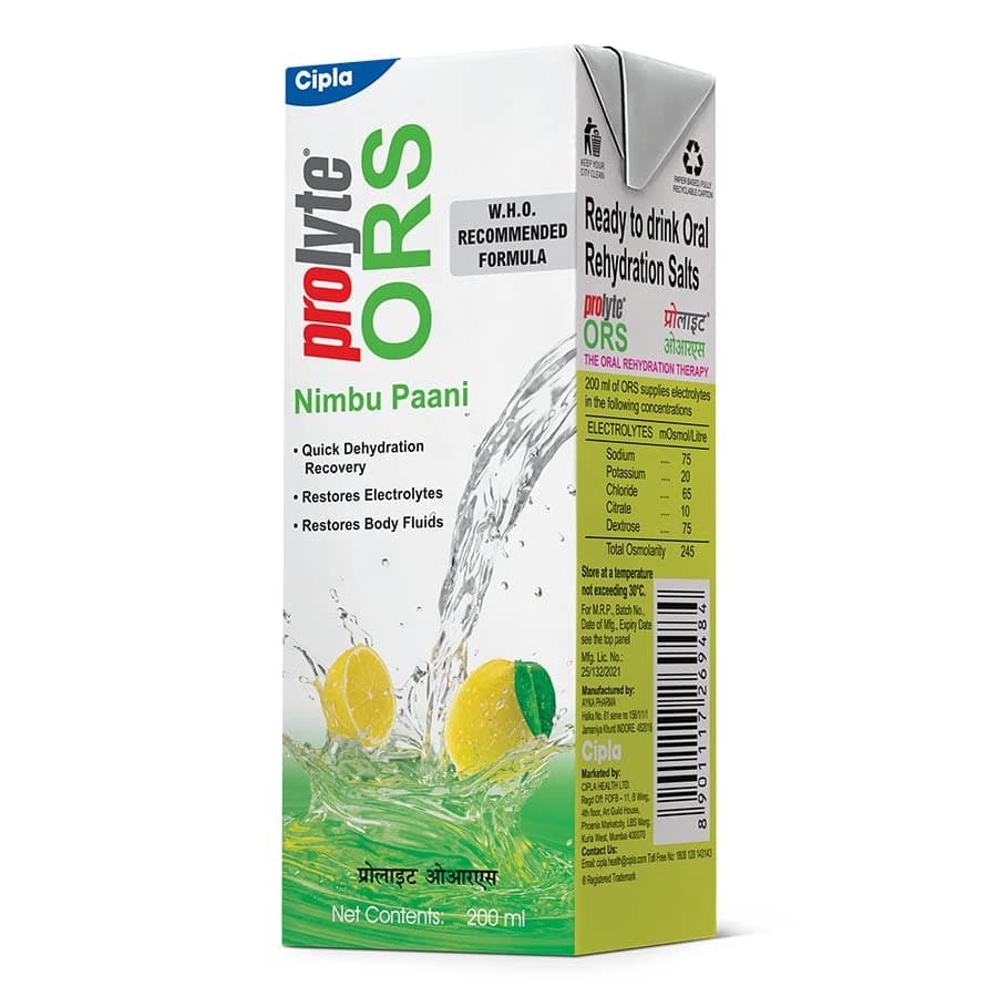 Cipla Prolyte Ors Ready To Drink Oral Rehydration Contains Vital Electrolytes Vegetarian|Restores Body Lost Due To Sweating,Diarrhea&Vomiting|Who Formula (Nimbu Paani,Pack Of 10), Lemon Liquid