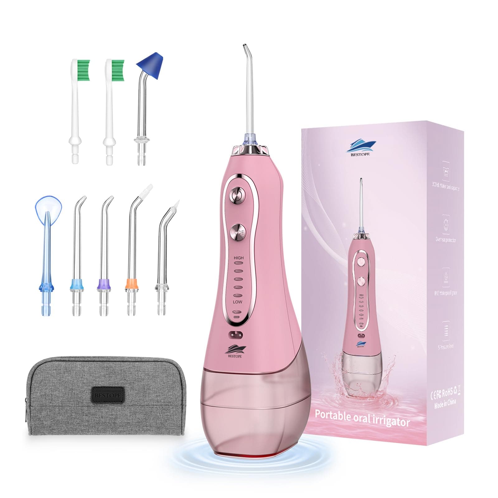 BESTOPE Rechargeable Dental Flosser Oral Irrigator with 300ml Water Tank | 5 Modes | 8 Replaceable Jet Tips |IPX7 Waterproof (Pink)