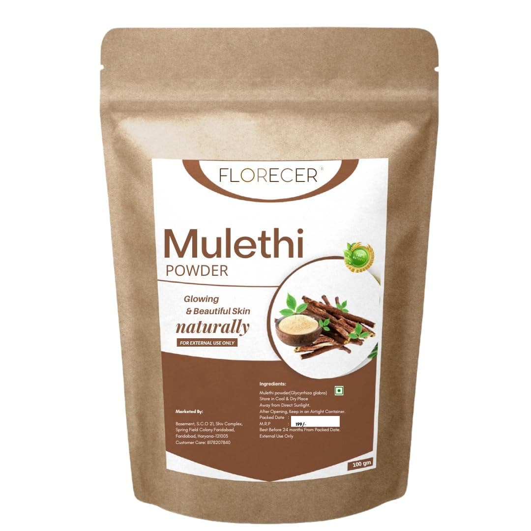 Florecer Mulethi For Face, Hair | Organic Yashtimadhu Powder, Liquorice (Licorice) Powder for Skin - 100 Gram