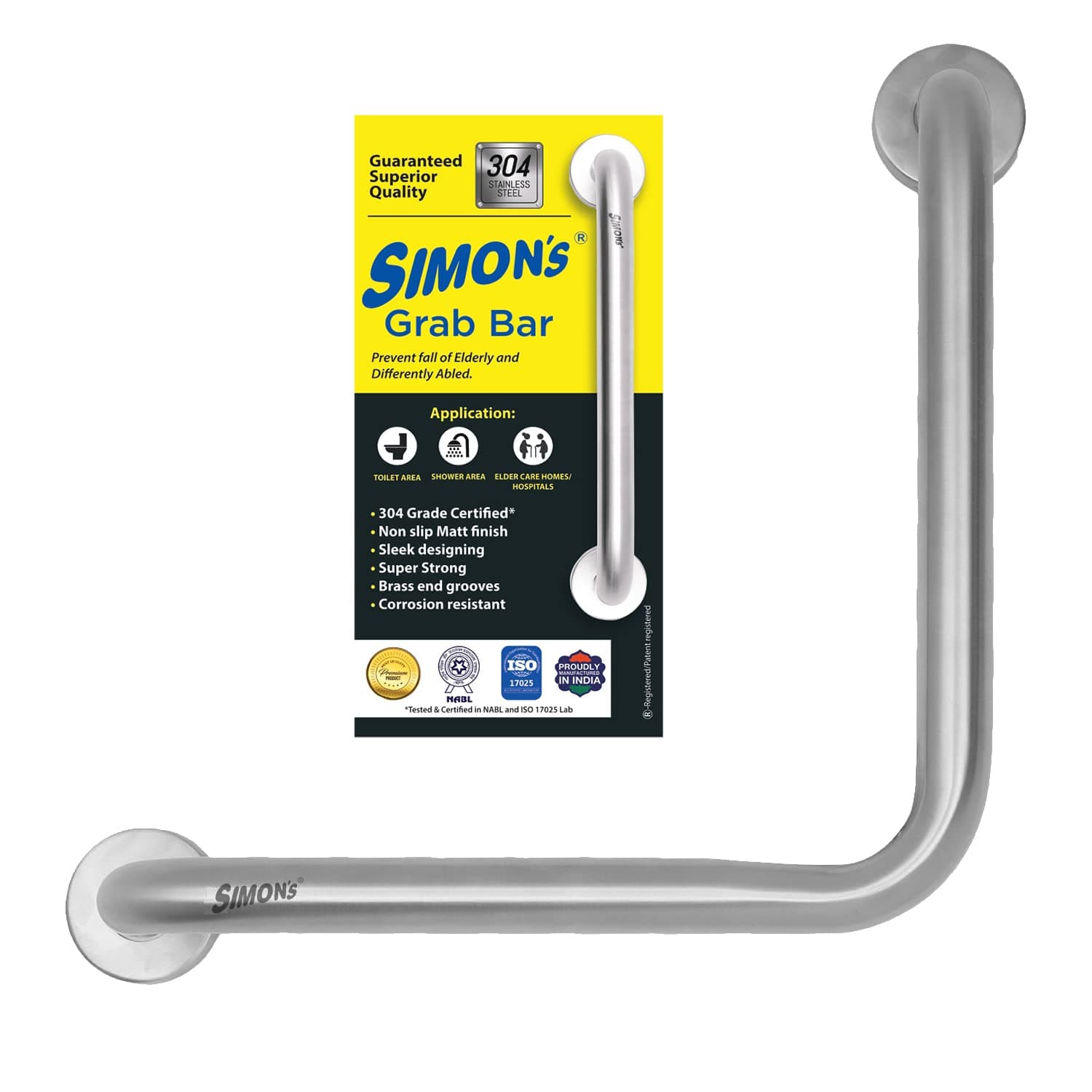 Simon's 100% Stainless Steel 304 Heavy Duty Grab bar for Bathroom handrailing and Safety Handle - 12+18 inch 90 Degree L - Shape