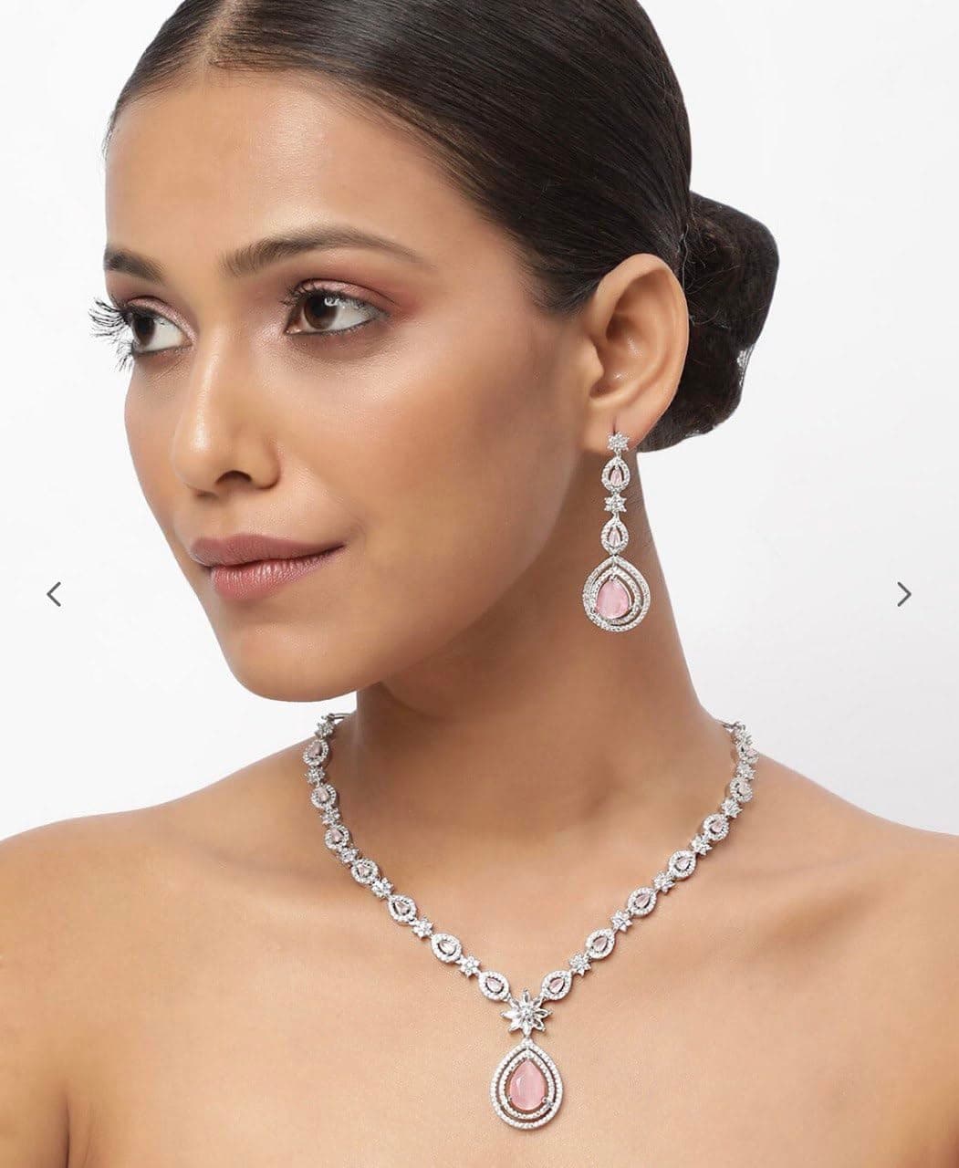 ZENVRA Stone Studded Necklace Set with Drop Earrings, Teardrop Design with Star Motif Pendant, Silver Tone Finish