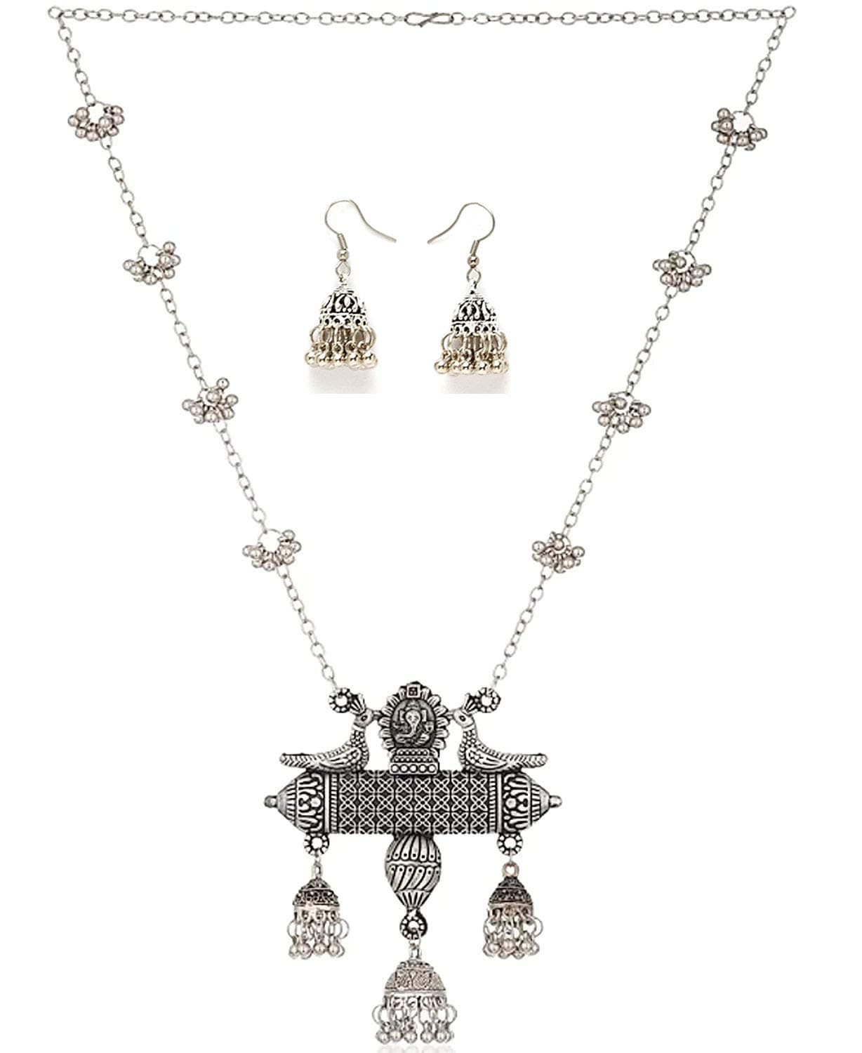 Shining Diva Fashion Latest Stylish Design Fancy Oxidised Silver Afghani Chain Pendant Earrings Necklace Jewellery Set for Women (Silver) (12013s)