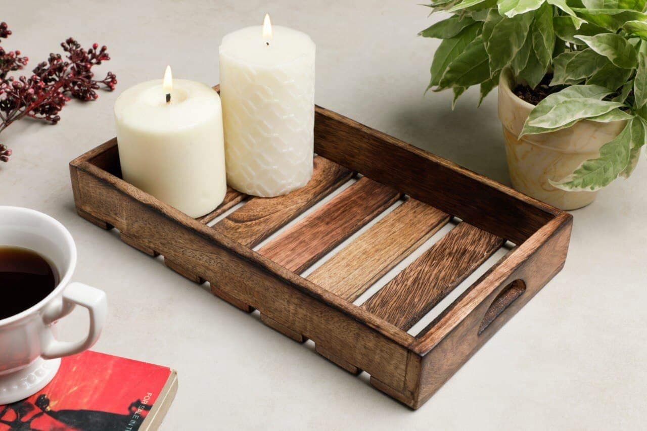 Artsio Craft Store Handmade Wooden Rectangular Serving Tray – Rustic Farmhouse Ottoman Breakfast & Bed Tray for Tea, Coffee, Food, Cheese & Bar Décor (11.5 x 7 x 1.5 in)
