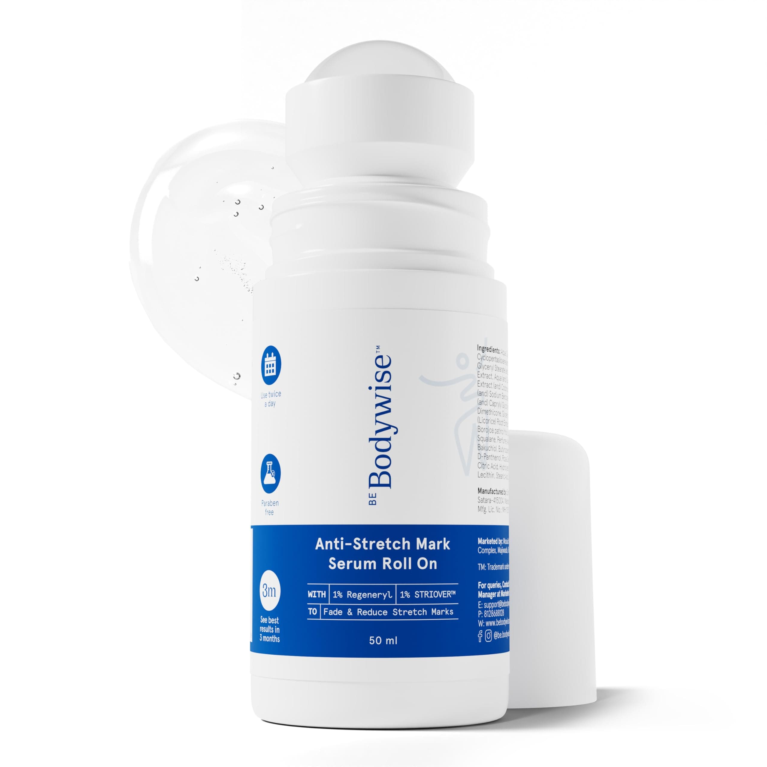 Be Bodywise Anti Stretch Mark Roll-On Serum 50 ml | With Regeneryl, STRIOVER™ & Bakuchiol Oil | Fades & Reduces Stretch Marks, Hydrates & Stimulates Collagen Production | Non-sticky & Non-messy