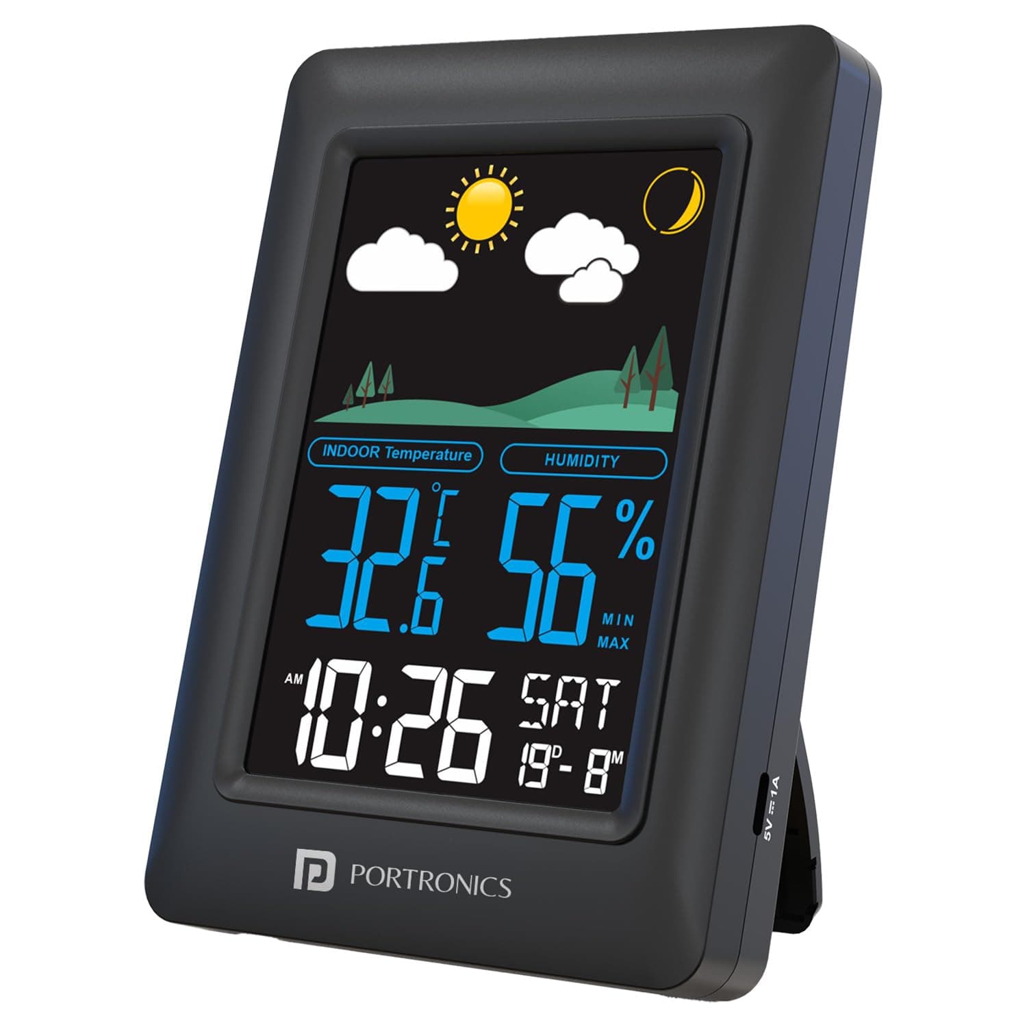 Portronics Meteo Type-C Powered Digital Weather Station Clock with Temperature & Humidity Monitor, Max/Min Records, LED Display, Alarm & Snooze, 12/24H Format, C/F Switch, Wall/Table Mount