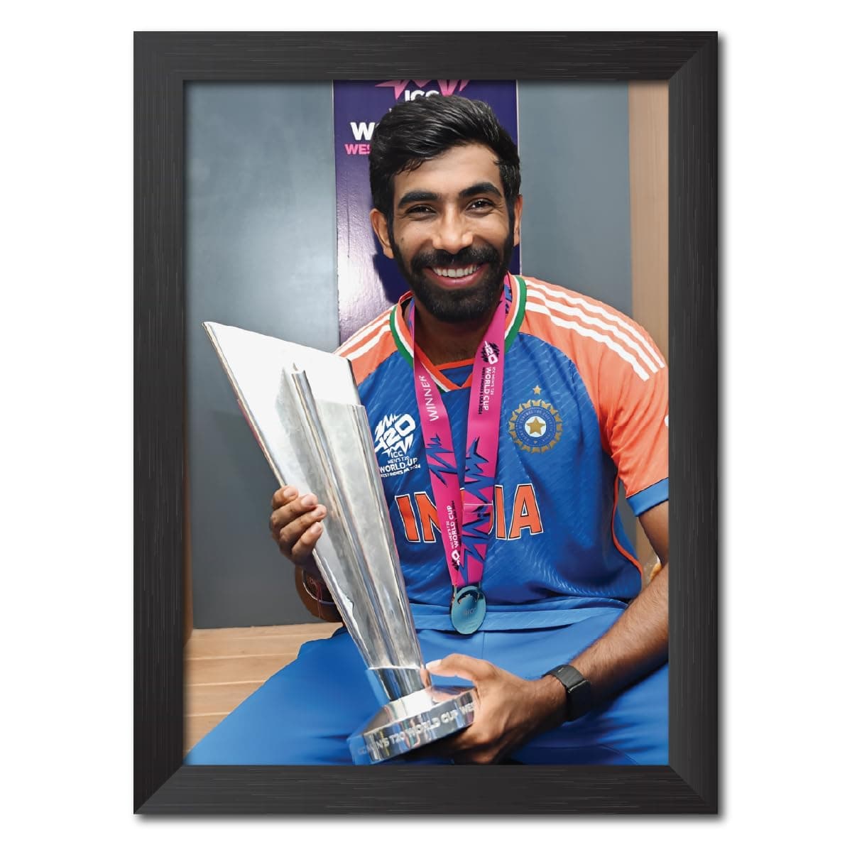 TenorArts India 2024 Cricket Worldcup Poster Trophy Celebration Photo Framed Painting with Matt Finish Black Textures (12 inches x 9inches)