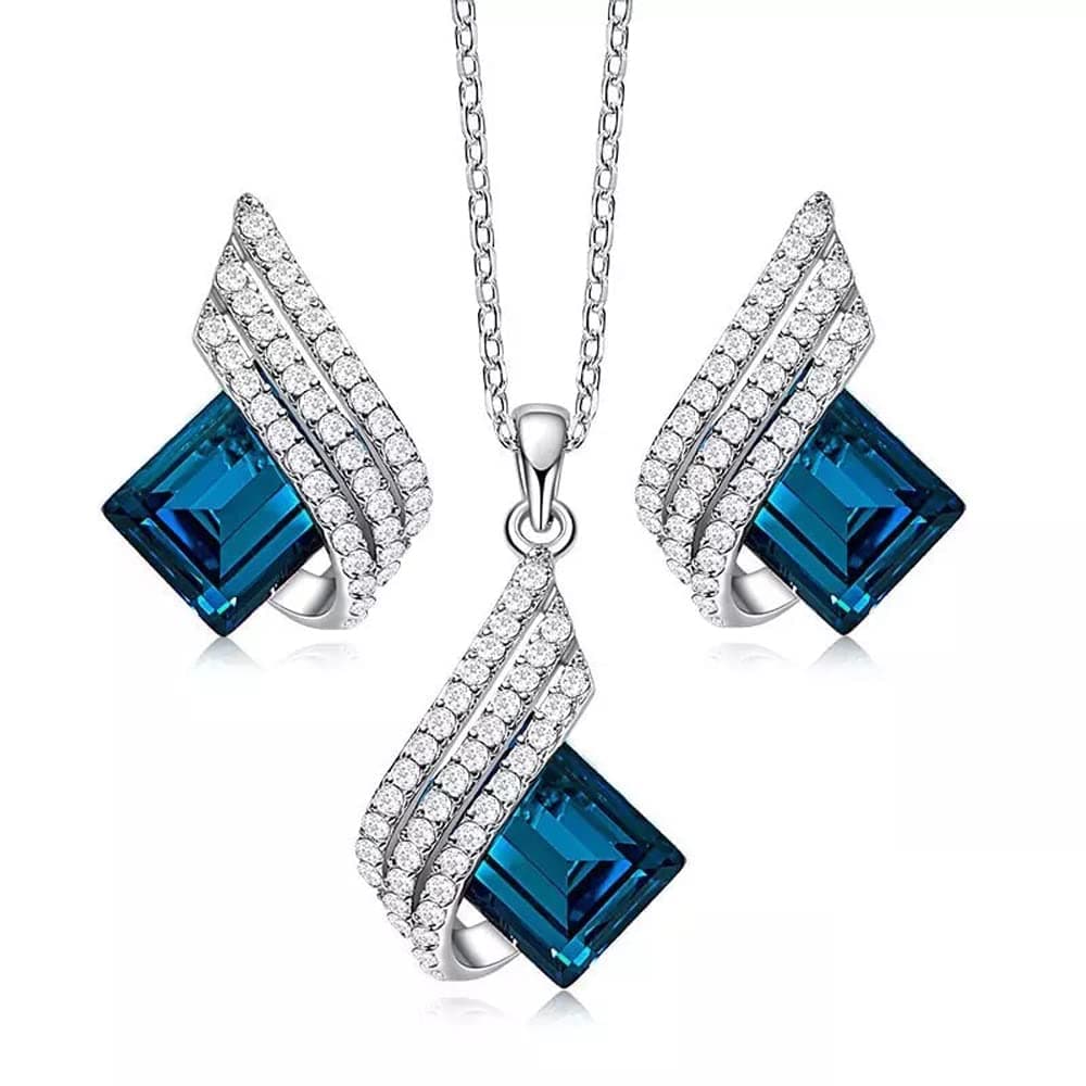 Shining Diva Fashion Angel Wings Platinum Plated Crystal Pendant Necklace Jewellery Set for Women and Girls (Blue) (14622s)