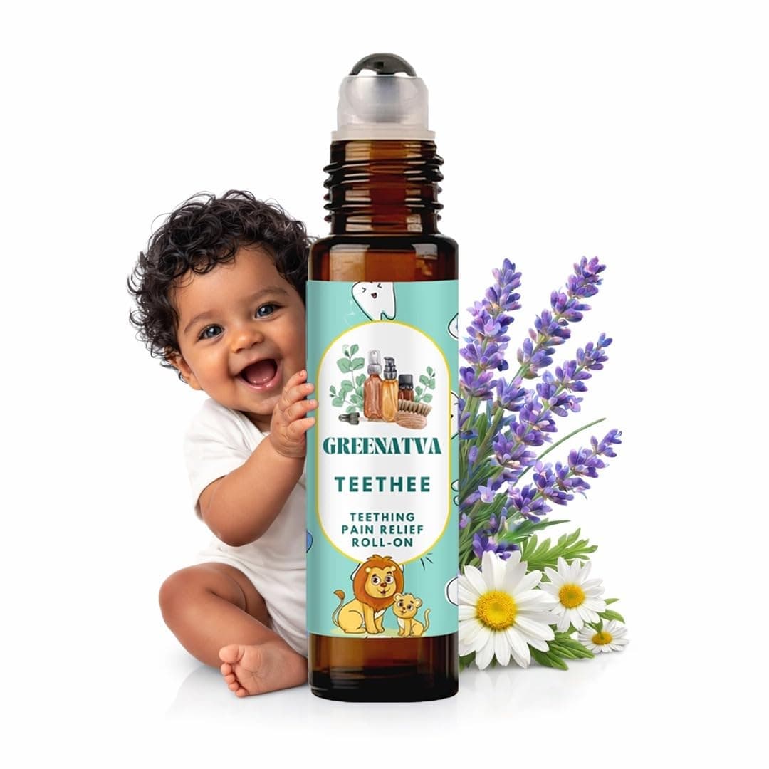 Teethee By Greenatva - Baby Teething Relief Roll On | Roman Chamomile, Lavender Essential Oil Blend | Safe Alternative to Plastic & Silicone Baby Teether | 10ml per bottle | Lasts More Than 3 Months On Daily Usage | Organic, Vegan