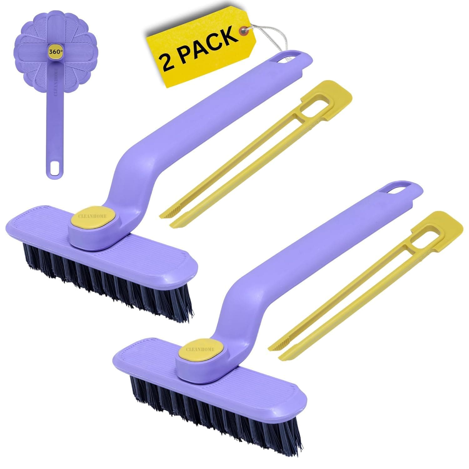 2 Pc Multi-Function Bathroom Cleaning Rotating Brush Set, 360° Rotating Scrubber, Powerful Tile & Floor Cleaning Brush, Toilet Sink Tub Scrubber, Ergonomic Handle, Water Resistant Home Cleaning Tool