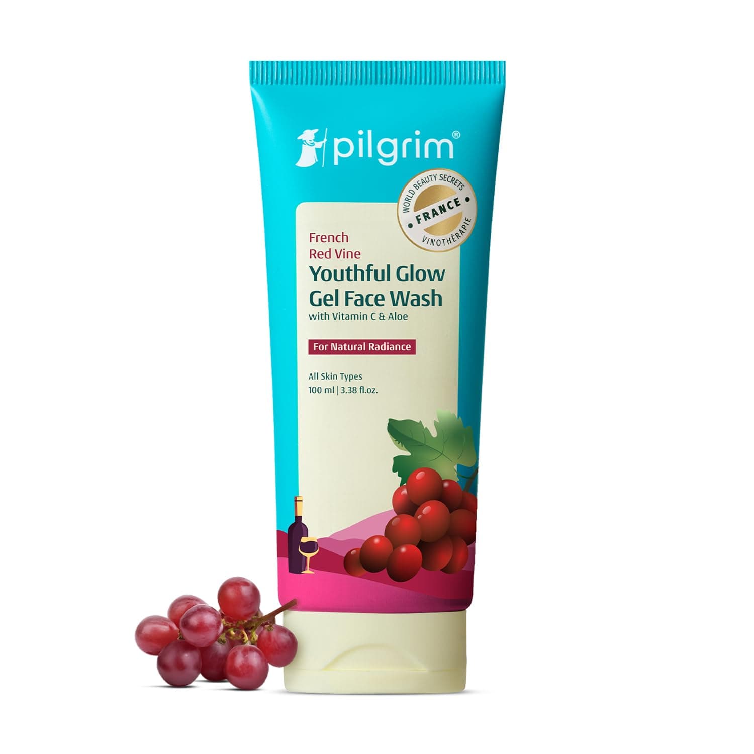 Pilgrim French Red Vine Face Wash with Vitamin C & goodness of Aloe for Anti Ageing & Dark Spots |Face wash for dry skin | Face cleanser for dry skin | Men and Women|100ml