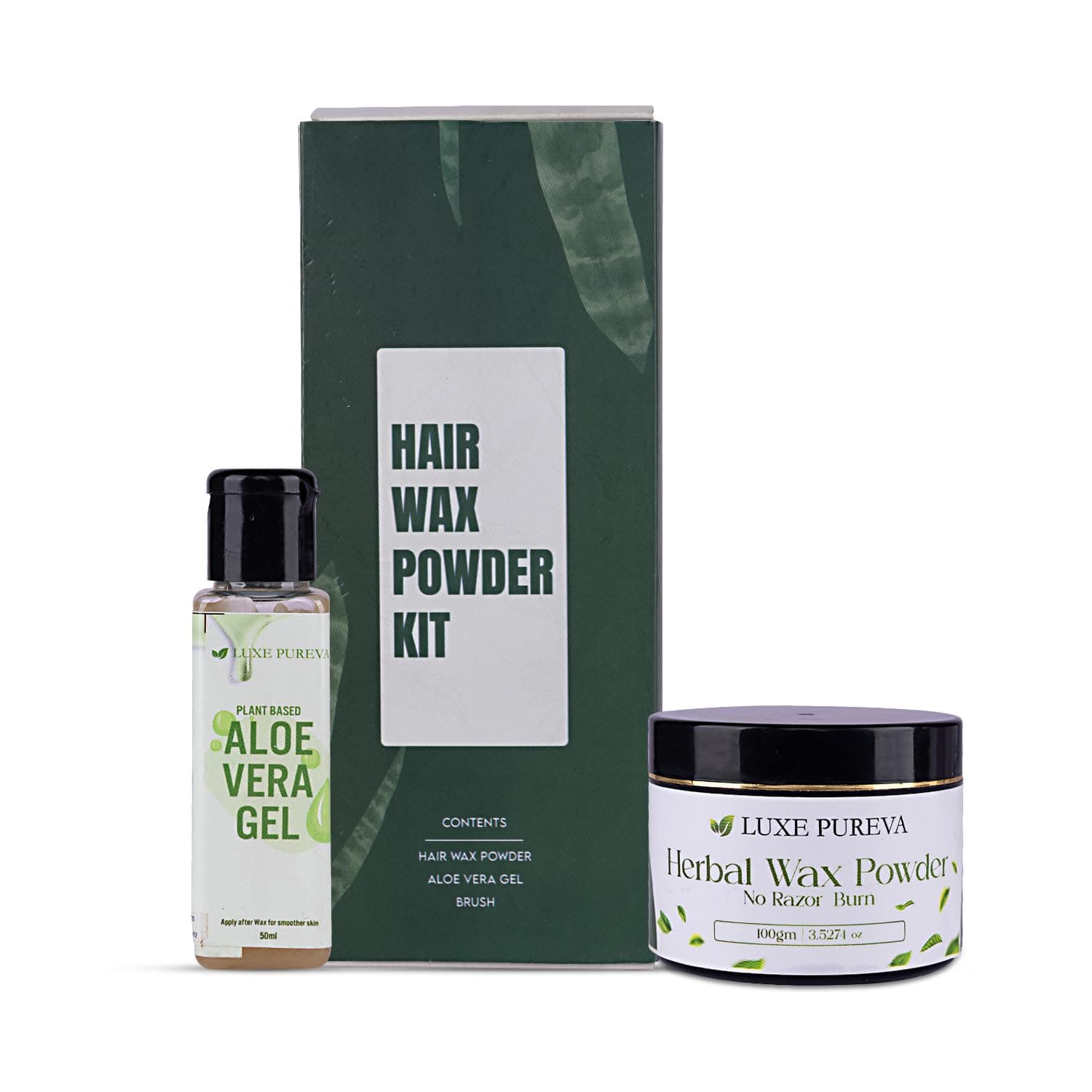 LuxePureva Aloevera Hair Removal Kit (Aloevera Wax Powder-(100g | 3.52oz) with Applicator Brush and Aloe Vera Gel 50ml)