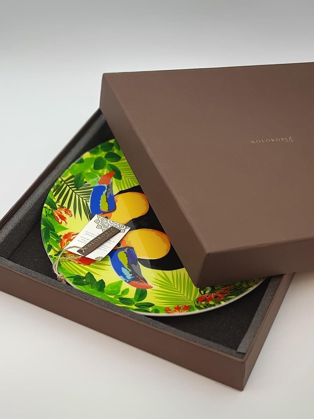 KOLOROBIA Decorative Wall Plate|Stand & Metal Hook|Tropical Forest World Toucan|Hanging Wall Plate| 10inch |Gift Box Packaging |Ceramic Wall Plate for Wall Décor I Home Décor I Living Room I Office
