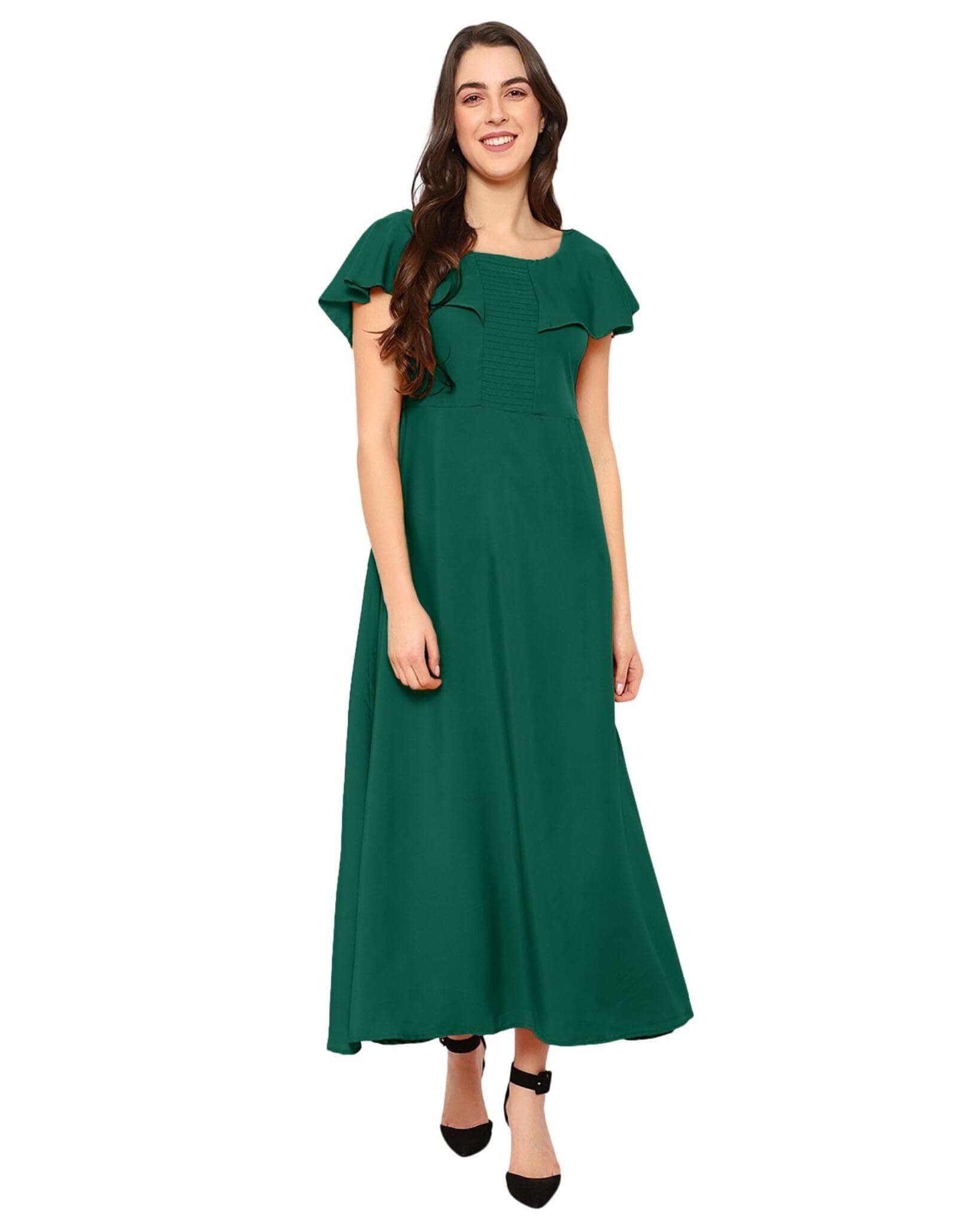Indietoga Women's Solid Pintucked Fit and Flare Long Maxi Dresses (Small to Plus Sizes 10XL)
