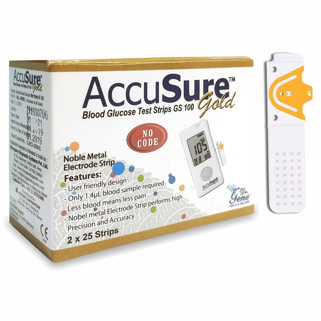 AccuSure Gold Glucometer Test Strips, Pack of 2 | 50 Glucometer Strips