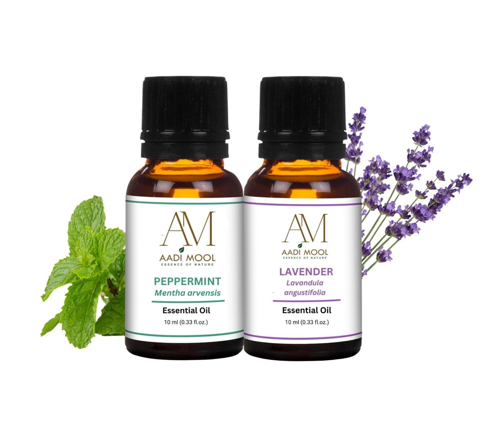 Aadi Mool Lavender & Peppermint Oil Pack of 2 (10ml Each) | Essential Oil for Aromatherapy, Diffuser, Massage & Relaxation | Lavender Oil & Peppermint Oil for Skin, Hair & Wellness