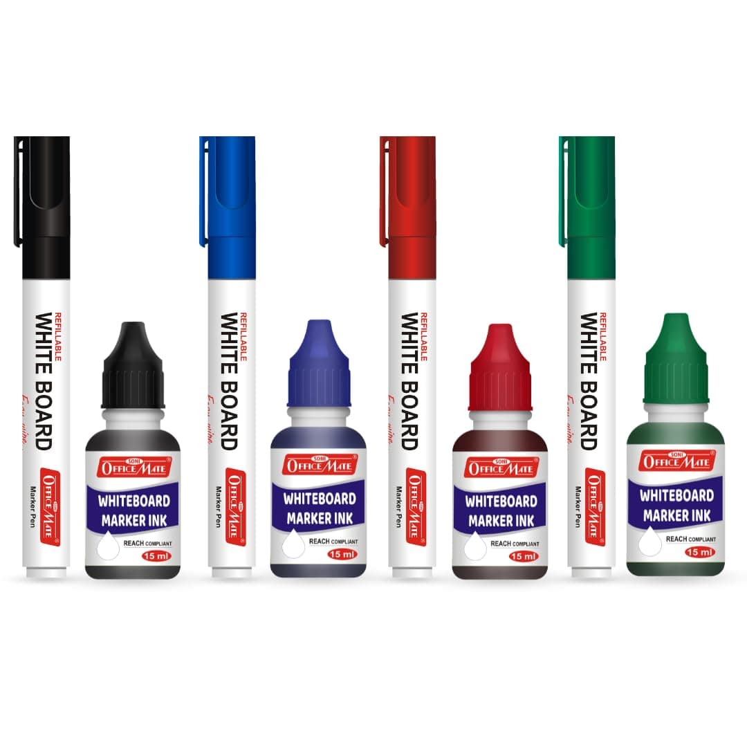 Soni Officemate Whiteboard Marker Combo- Mix | 4 Markers + 4 Inks | Smooth Writing | Black, Blue, Red, Green | 4.43 mm Tip