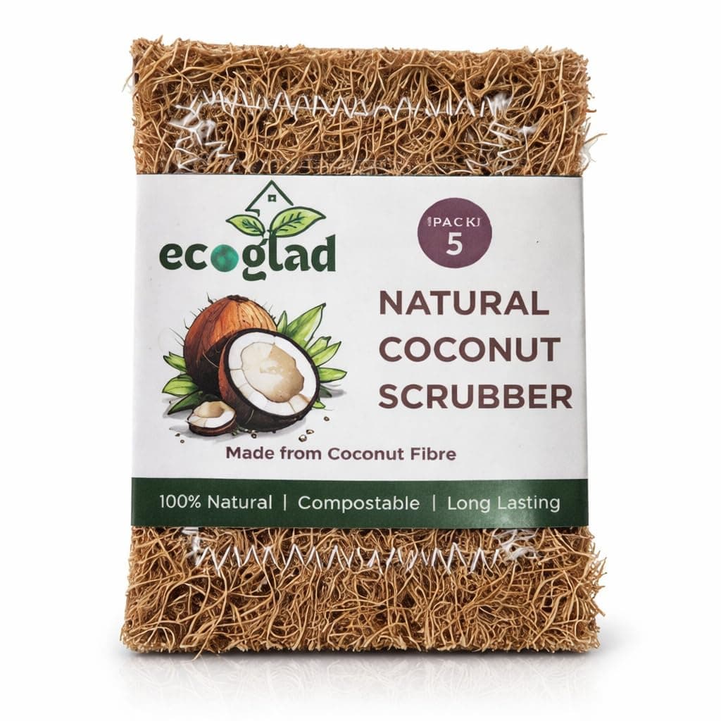 EcoGlad Coconut Scrubber for Dishes (Pack of 5) | Natural Coconut Coir Dishwashing Scrubber | Biodegradable, Plastic-Free Kitchen Scrub | Non-Scratch Utensil Cleaner for Non-Stick & Stainless Steel