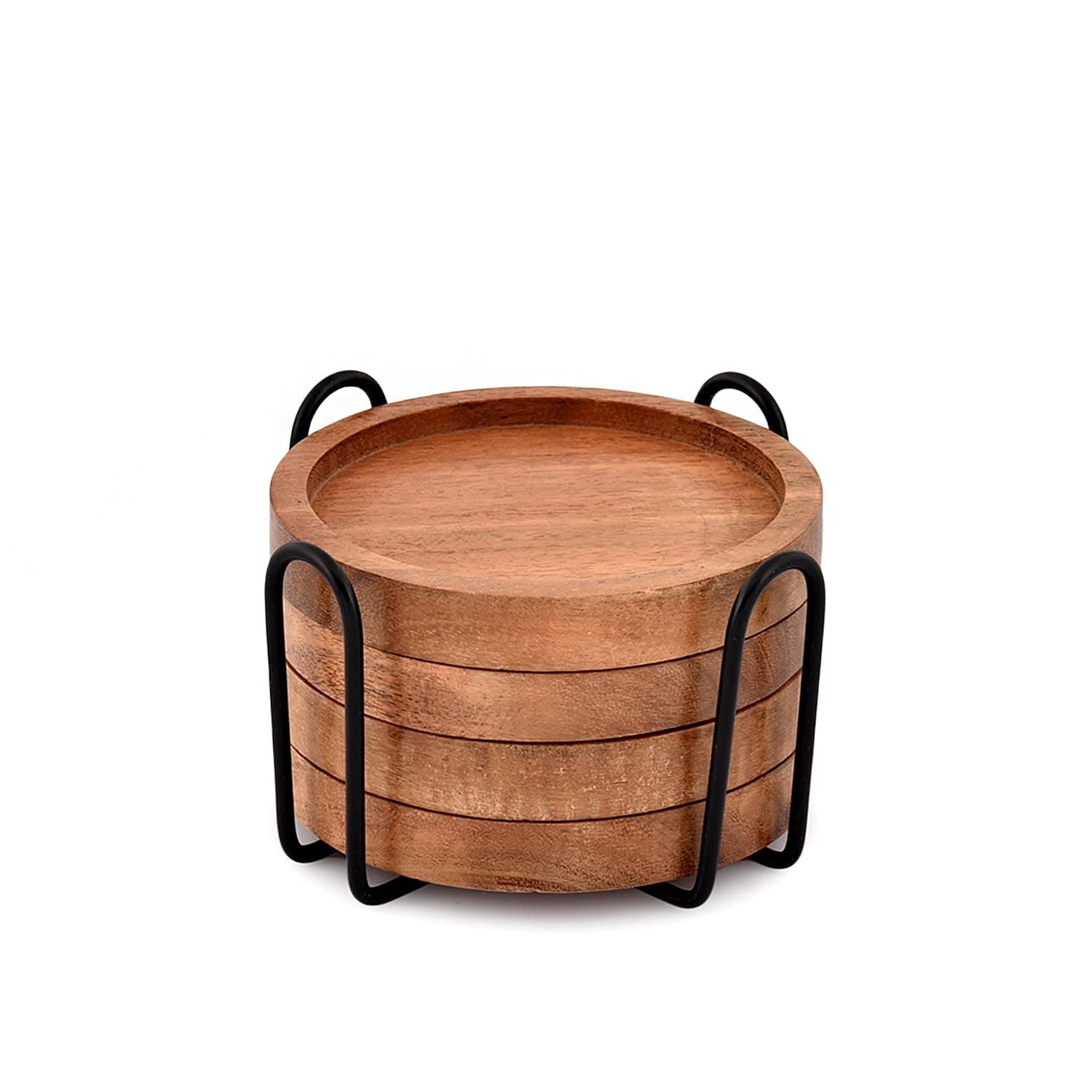 EDHAS Acacia Wood Round Coasters Set of 4 with Iron Holder for Drinks, Tabletop Protection for Any Table Type for Bar Kitchen Home Apartment (4 x 4 x 0.5)
