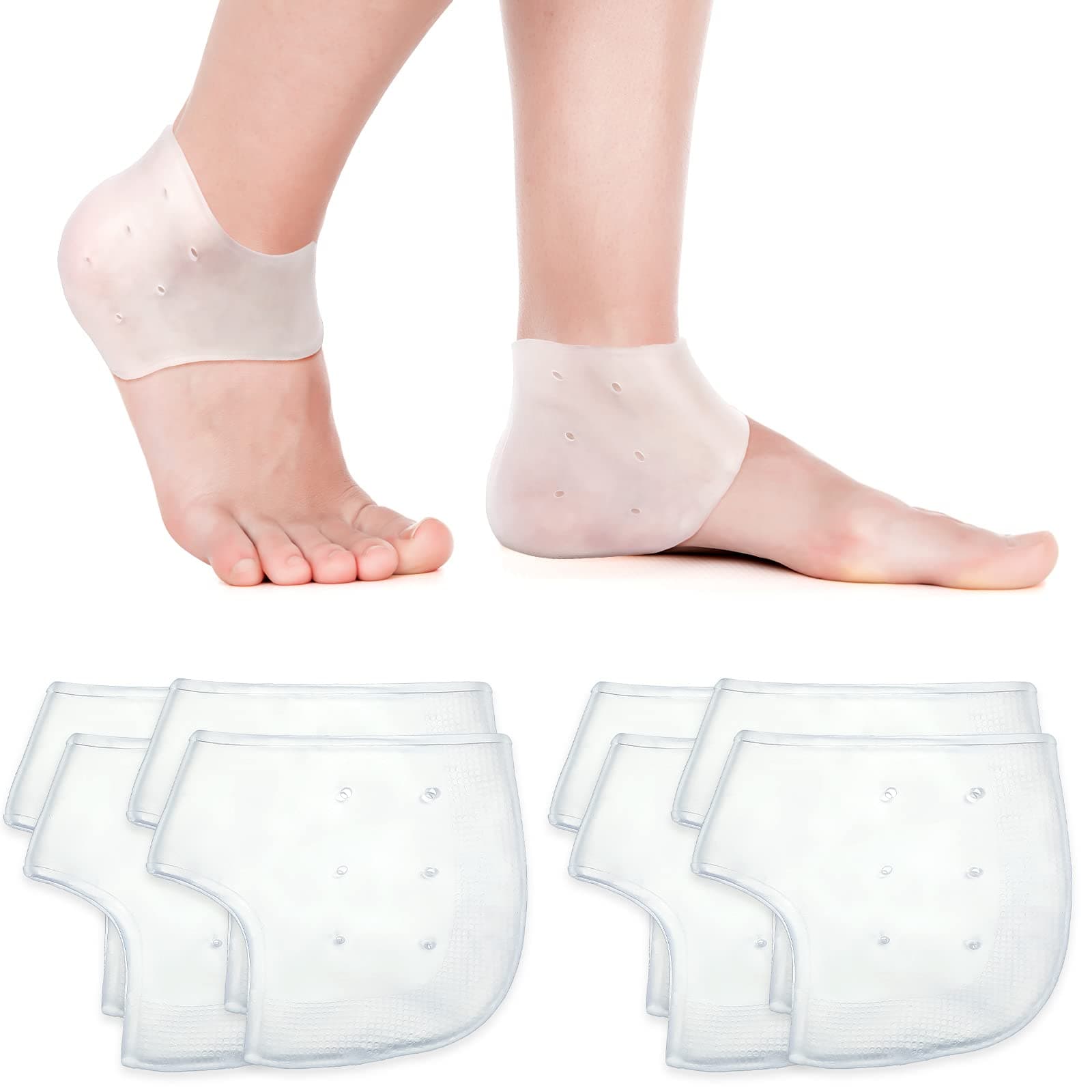 SATINIOR 4 Pairs Gel Heel Protectors Breathable Heel Sleeves Pads Gel Heel Cushion Socks Heel Support Back Foot Sleeves For Heel Plantar Fasciitis Insoles Heel Pain Relief&Cracked Heels(White)