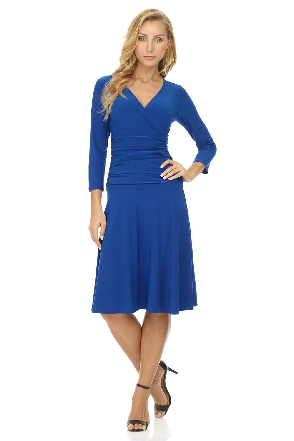 Rekucci Women's Slimming 3/4 Sleeve Fit-and-Flare Crossover Tummy Control Dress Sapphire