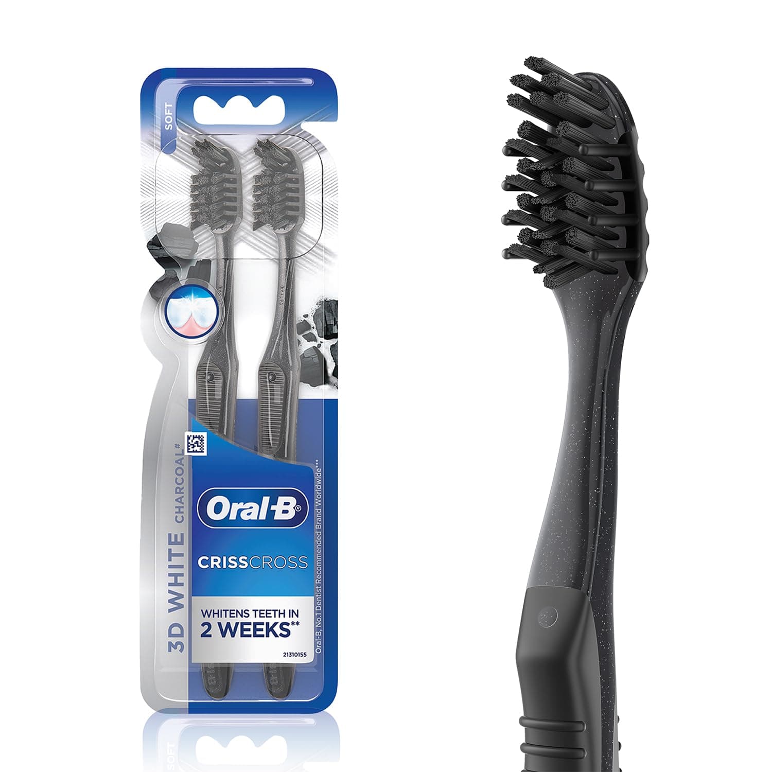Oral-B 3D White Charcoal Soft Manual Toothbrush For Adults, Whitens Teeth in 2 Weeks, Soft Bristles, Multicolour Tooth Brush Whitening Set, Dentist Recommended Brand (Pack of 2)
