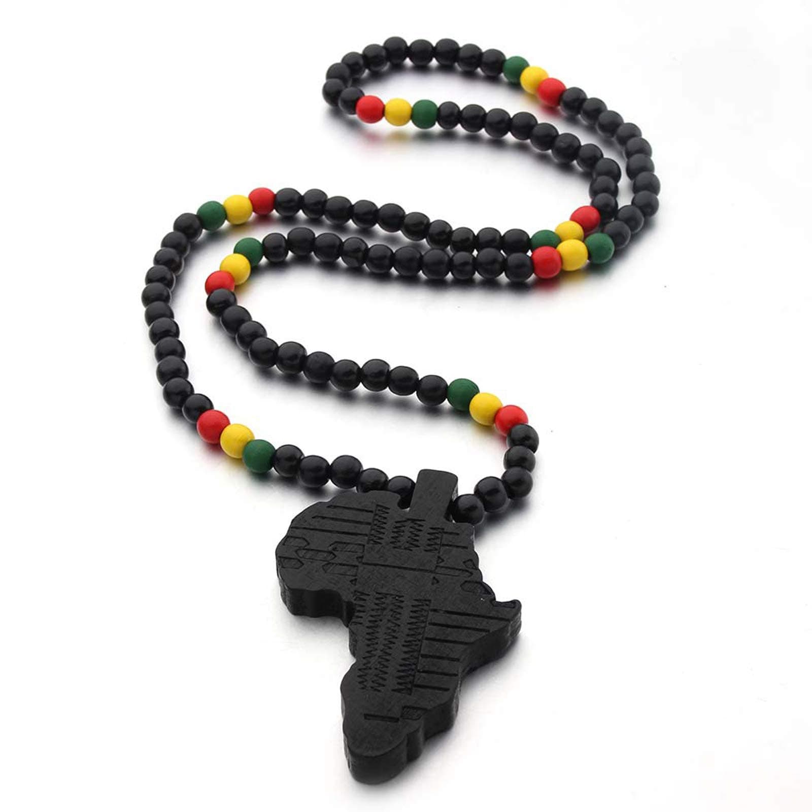 COLORFUL BLING Multicolor 8MM Wooden Bead Chain African Hip-hop Africa Map Pendant Necklace for Men Boys Natural Wood Jewelry, 8*8MM（3.15inch）, Metal, wood