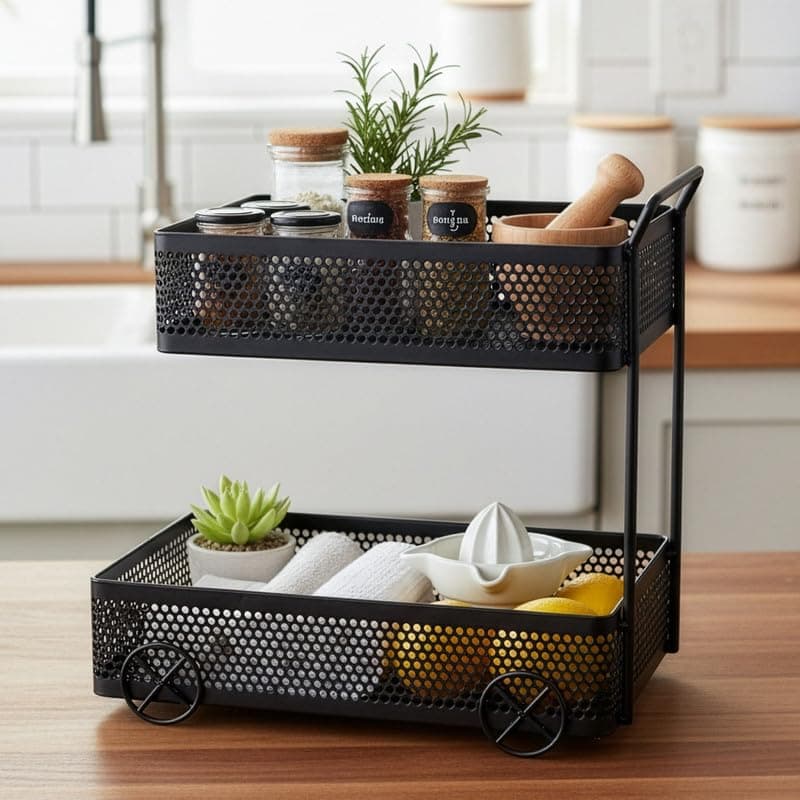 SHIOK DCOR 2-Tier Multipurpose Standing Storage Rack - Black | Modern & Durable Storage Shelf Organizer for Kitchen Countertop & Bathroom | Metal Mesh Basket Design with Wheels