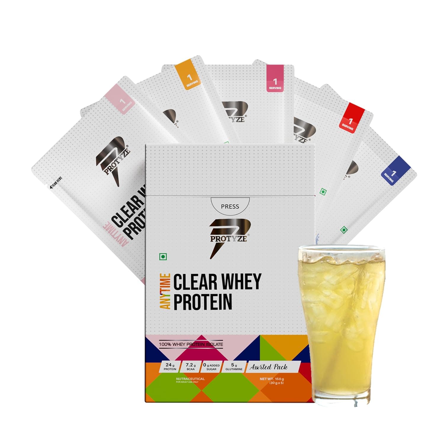 Protyze Anytime Clear Whey Protein Isolate | 24g Protein Per Sachet | Assorted Flavour,5 Servings Pack | ISO & HACCP Certified | Lean Muscle Growth, Easy Digestion & Refreshing