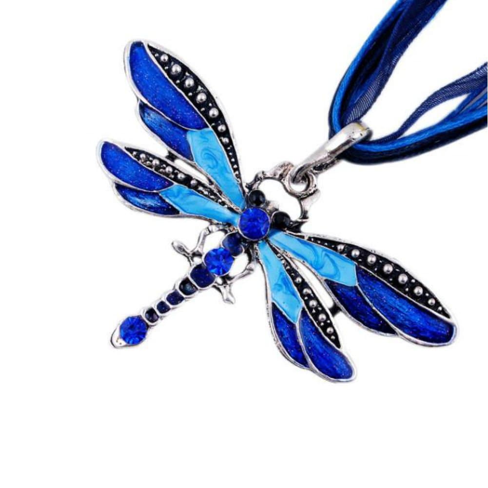 AKOAK Fashion Creative Bohemian Jewelry Ethnic Multi-layer Chain Colorful Enamel Dragonfly Pendant NecklaceBlue