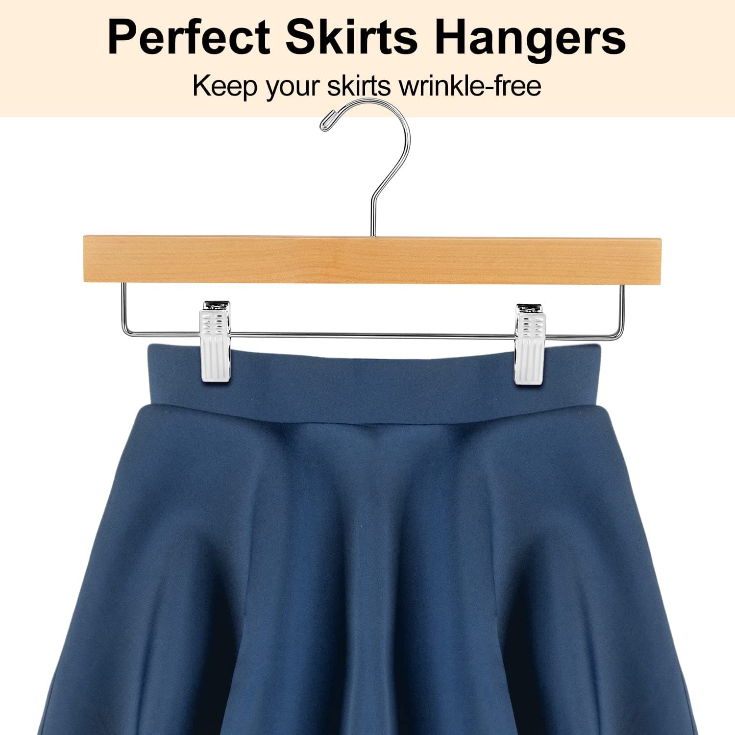 AMKUFO 14 Inch Solid Wooden Pants Hangers with Adjustable Clips 20 Pack Wood Skirt Hangers Trousers Bottom Hangers with Non-Slip Clips and 360° Swivel Hook