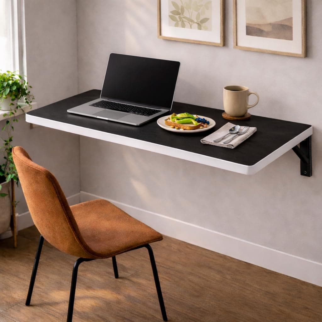 COREMET Wall Mounted Folding Table | Space Saving Wooden Wall Desk with Rounded Corners & Heavy Duty Bracket | Foldable Study Table for Home, Office & More