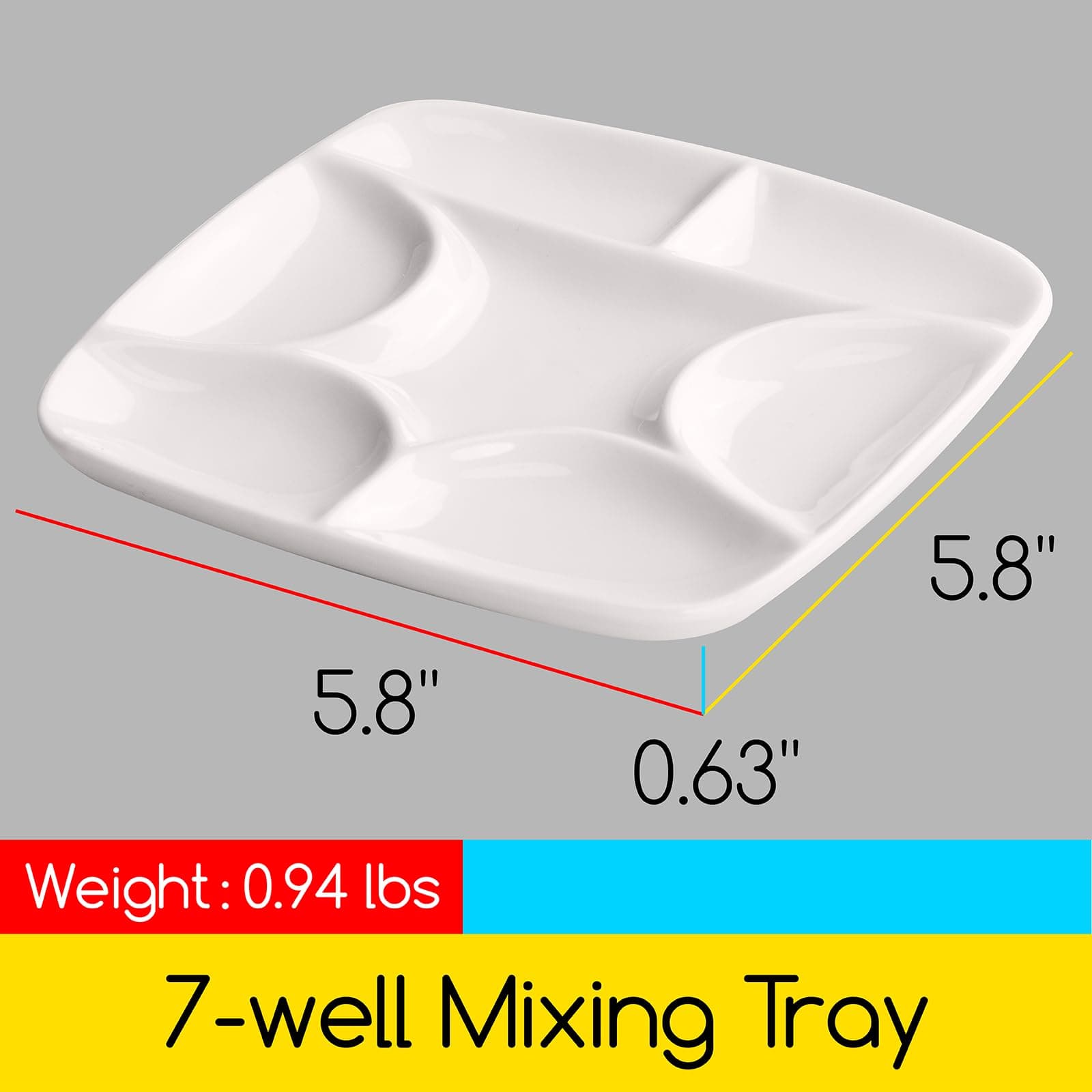 ATWORTH White 5.7inch Ceramic Square Artist Paint Palette for Watercolor Gouache Acrylic Oil Painting, 7 Wells