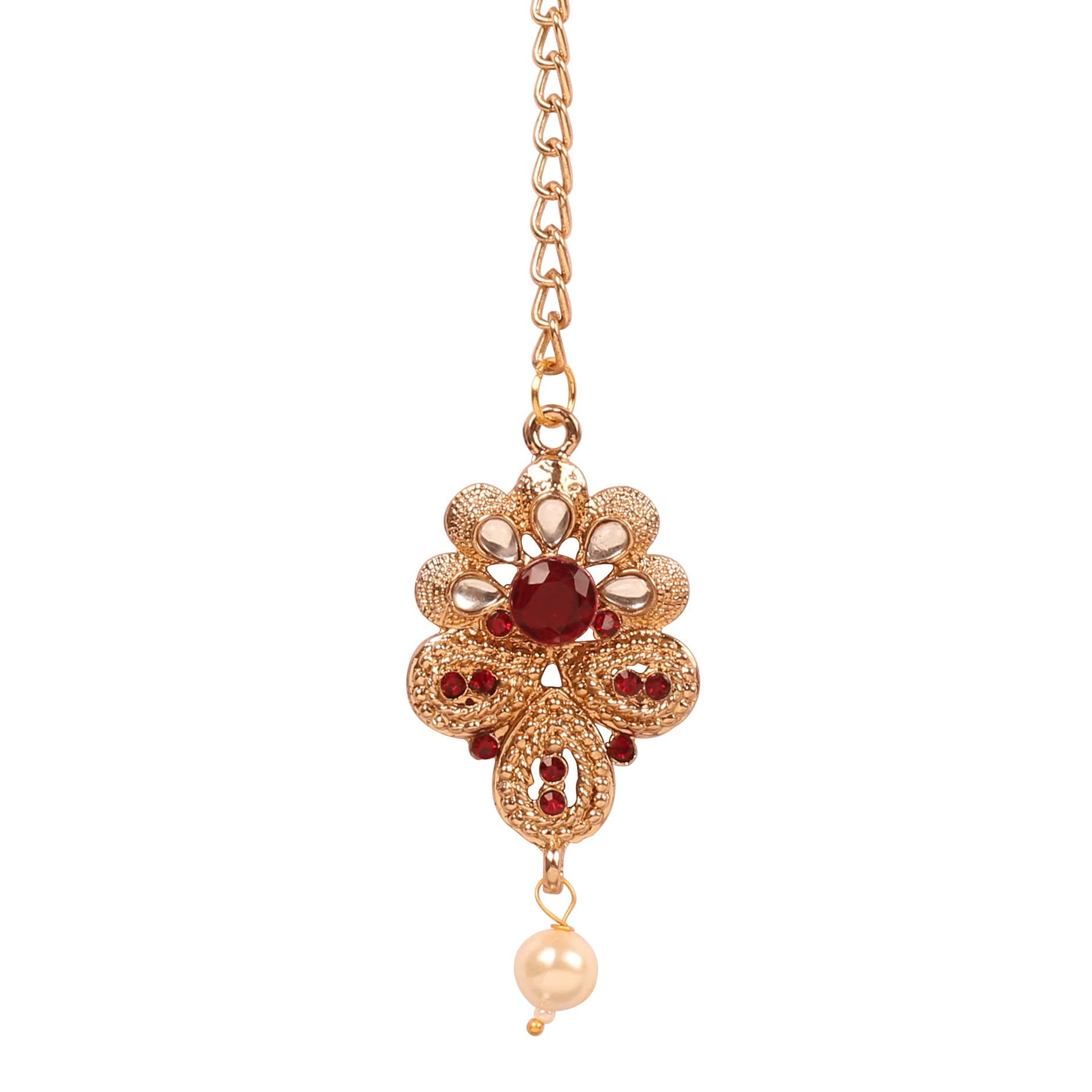 NEW! Touchstone Indian Bollywood Traditional Floral Paisley Mughal Kundan Look Faux Ruby Designer Jewelry Mangtika Head Accessory In Antique Gold Tone. For Women.