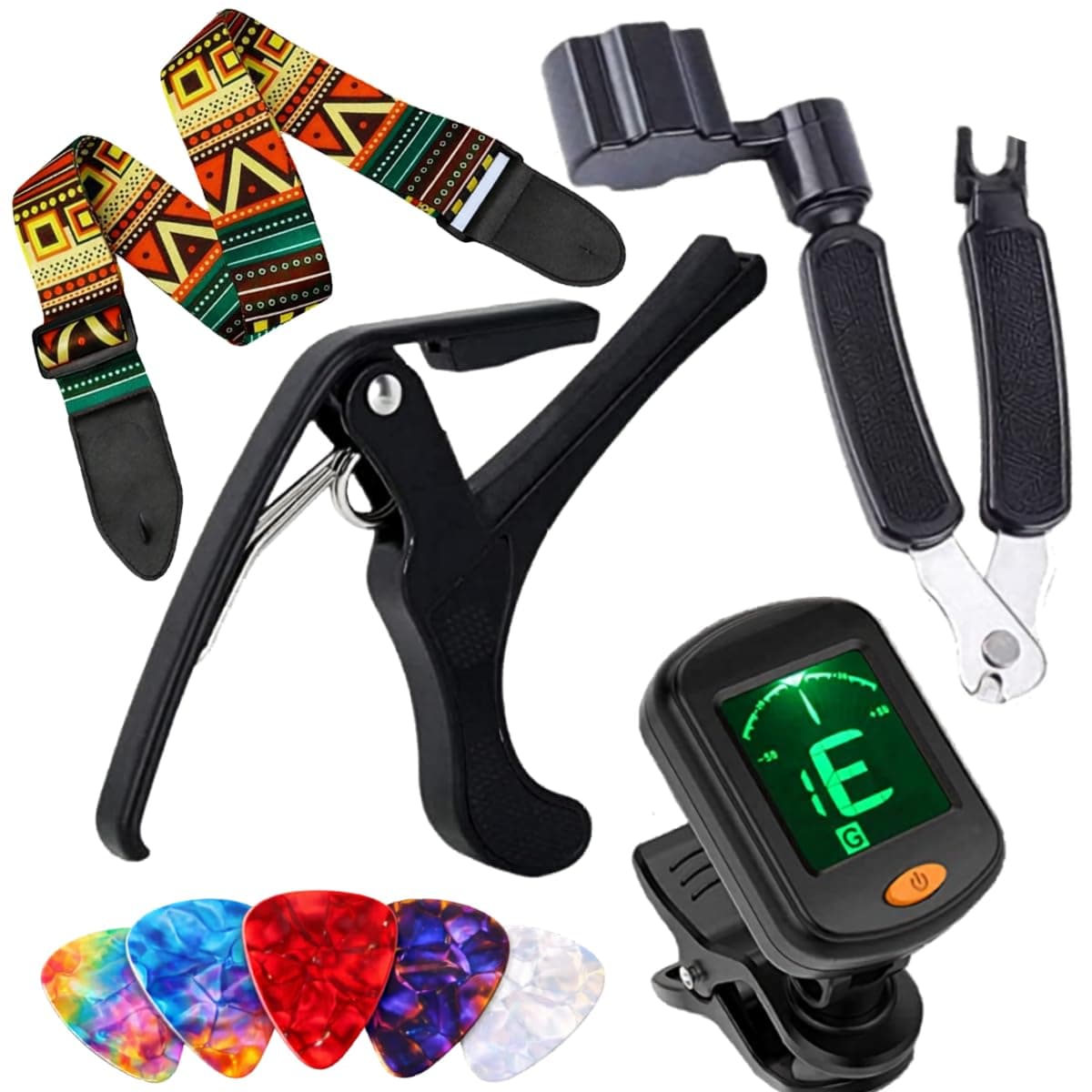 IMAGINEA Guitar Accessories Kit with Digital Tuner, Bohemian Strap, Metal Capo, String Winder, 5 Picks | Tuning Device, Designer Belt | Combo Pack for Acoustic, Electric Guitar Beginners
