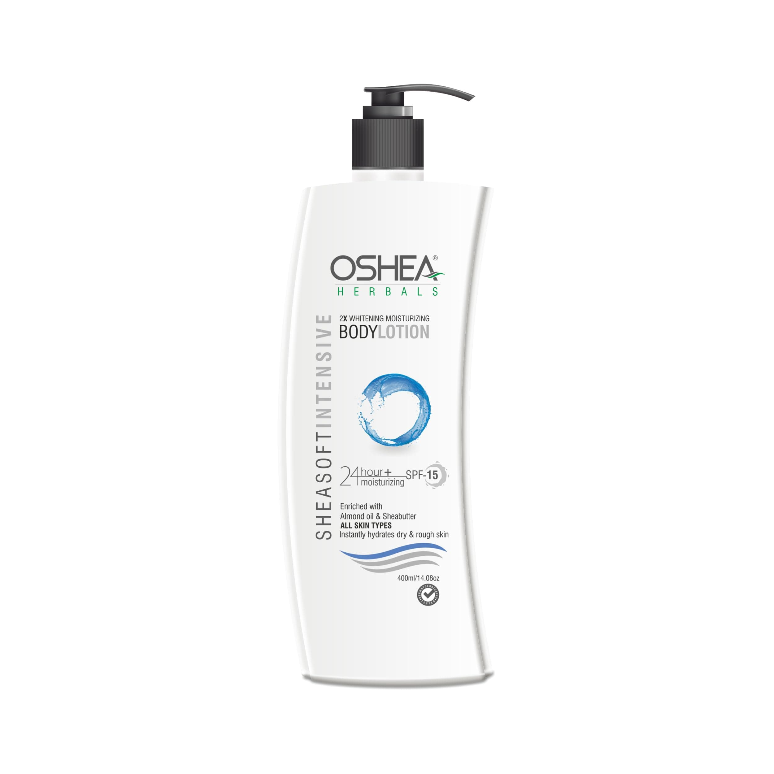Oshea Herbals SheaSoft Intensive 2x Whitening Moisturizing Body Lotion for All Skin Types | SPF 15 with 24 Hours+ Moisturizing | Enriched with Almond Oil & Shea Butter 400ml