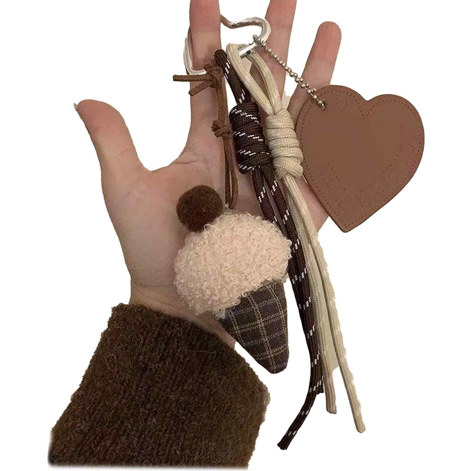 Aeenioy 1 Piece Keychains Aesthetic, Bag Charms for Handbags, Cute Keychain for Girls, Charms Keychain, Soft Plush Ice Cream Design with Woven Rope, Matching Key Rings for Home