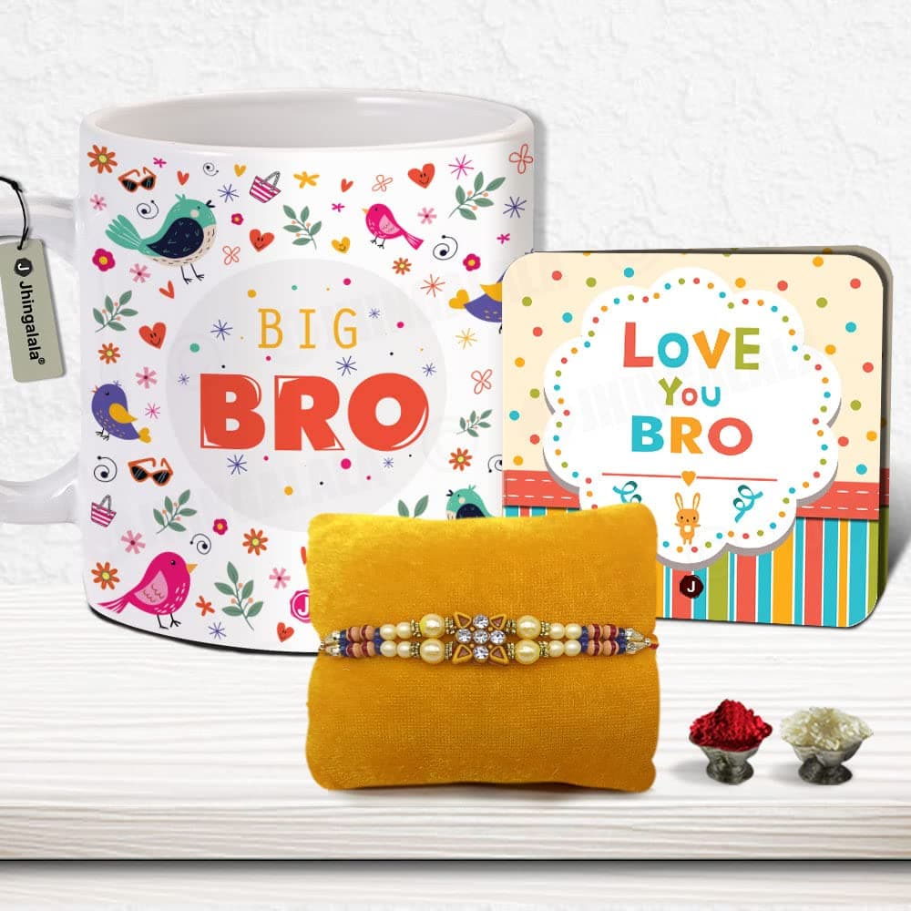 Jhingalala OM Pendant Designed Rakhi, Big Bro Printed Ceramic Coffee Mug, Love You Bro Greeting Card, Roli Chawal Raksha Bandhan Pack (Multicolour, 325 ml)