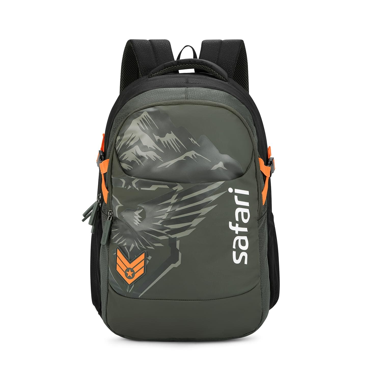 Safari Terra 3 37L Casual Printed Backpack, School Bag for Boys and Girls, Travel Bag for Men and Women, 3 Compartments, Raincover, Armour Base, Organiser, Bottle Holder, Front Pocket, Olive