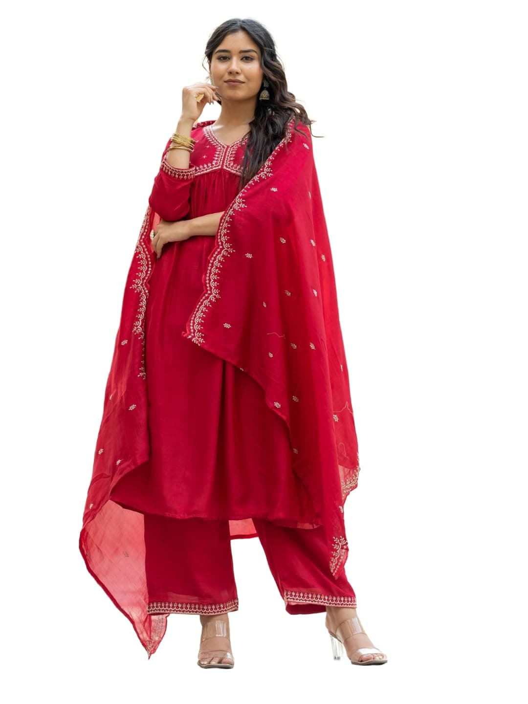 Navlik Women’s Viscose Embroidered Straight Kurta with Pant & Dupatta 3-Piece Ethnic Set for Festive (NK4-468-Rama-L)
