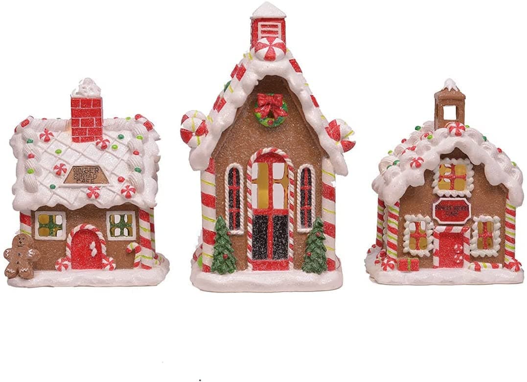 Gingerbread Village Red 6 inch Porcelain Holiday Tea Light Figurines Set of 3